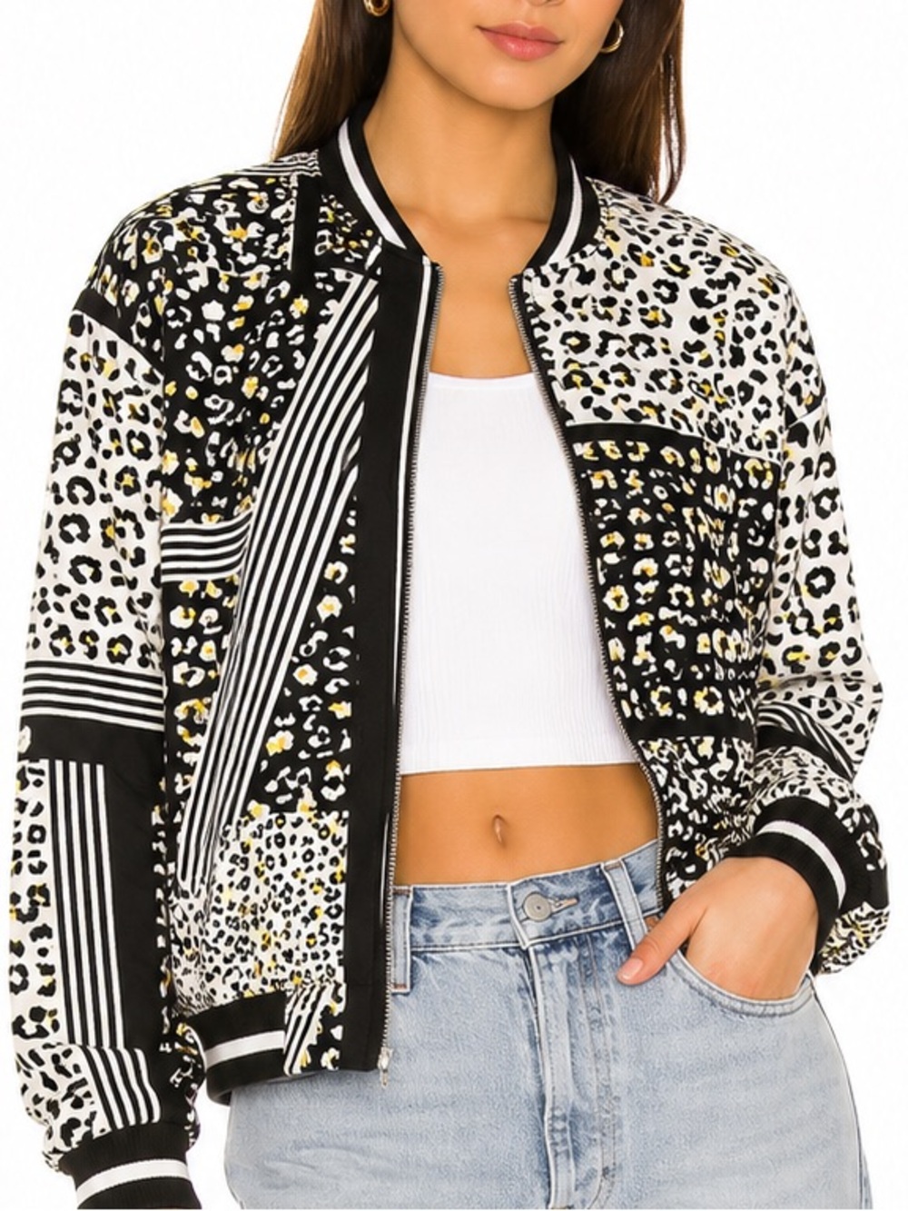 LILI SIDONIO Molly Bracken Leopard Print Bomber Jacket Large Animal Print Zip
